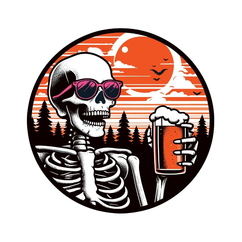 Skelett mit Bier und rosa Gläsern