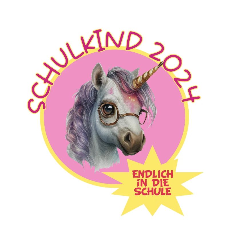 Schulkind 2024 endlich Schule Einhorn mit Brille