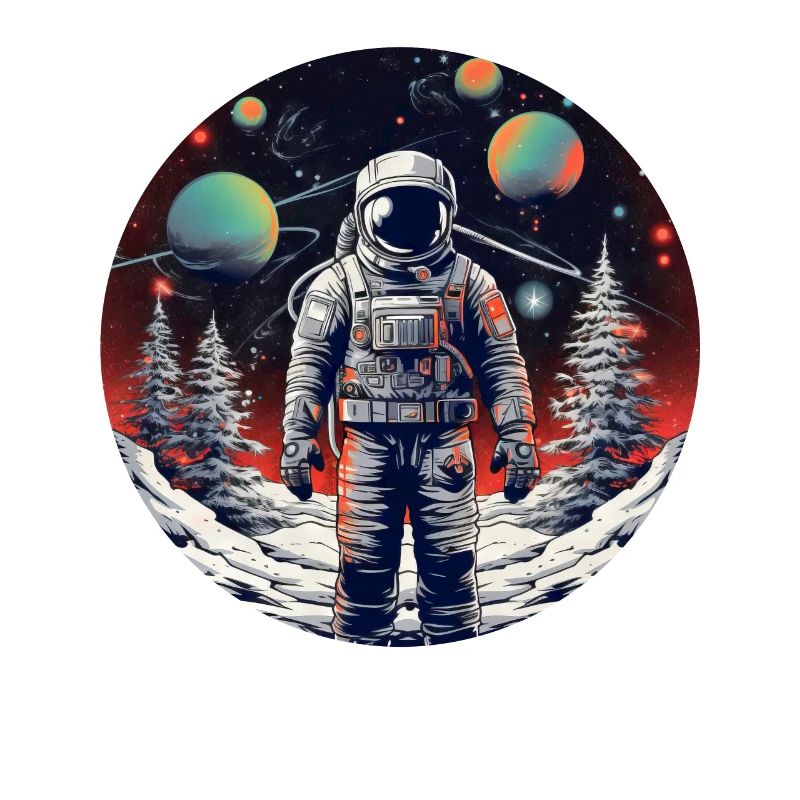 Astronaute dans l’espace hivernal avec sapin