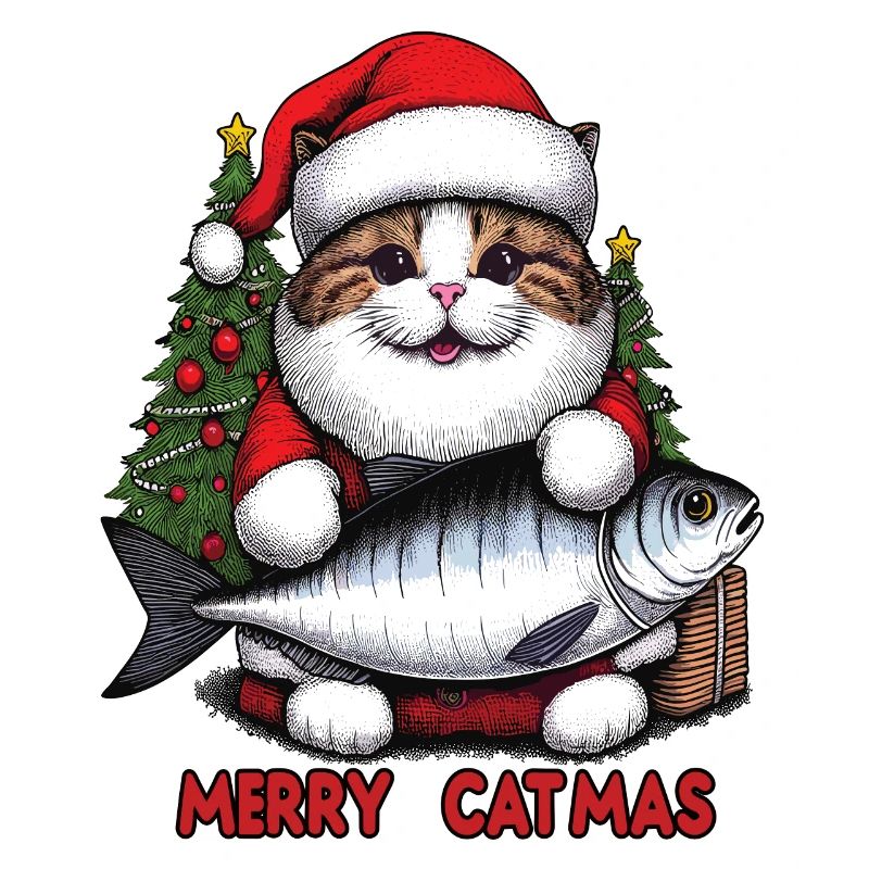 Dicke Katze als Weihnachtsmann mit Thunfisch, Merry Catmas