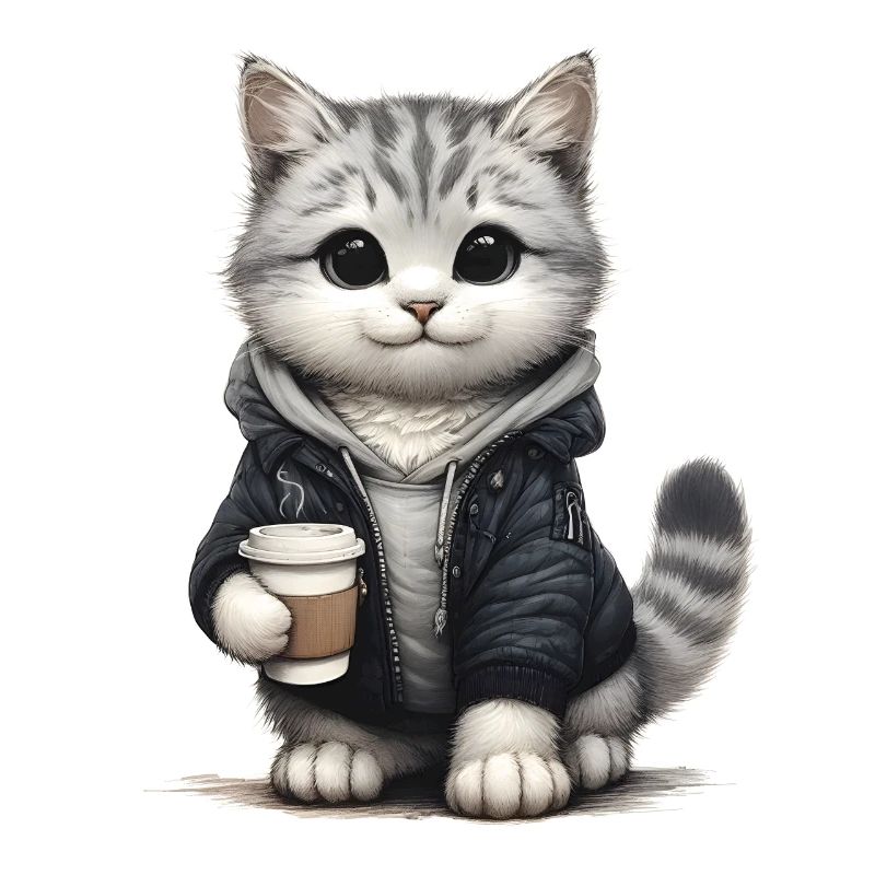Süße kleine Katze mit Kaffeebecher und Jacke