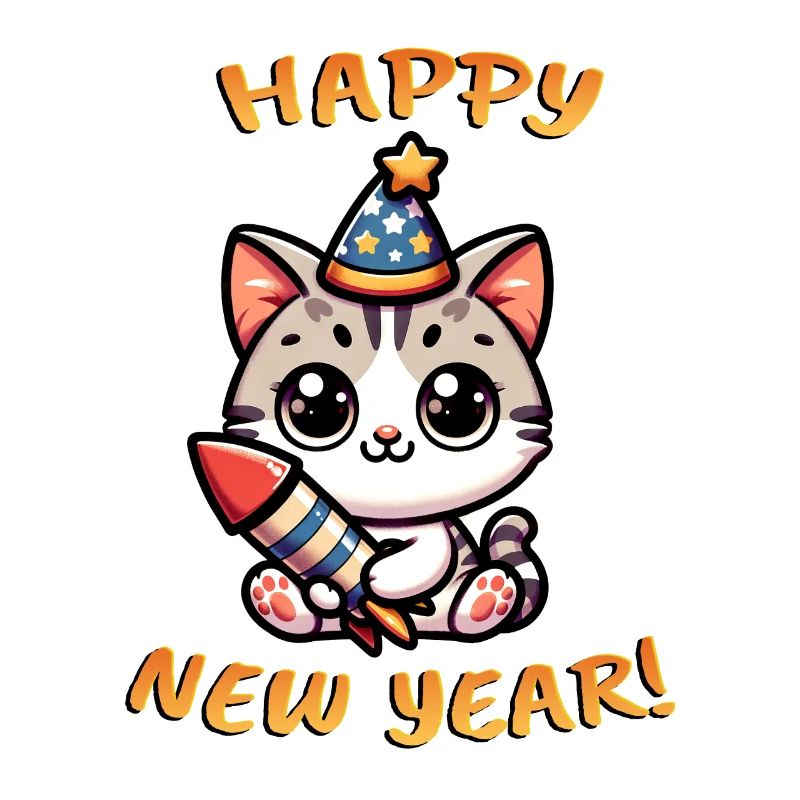 Neujahr Sylvester Katze Rakete Süß Comic Happy New