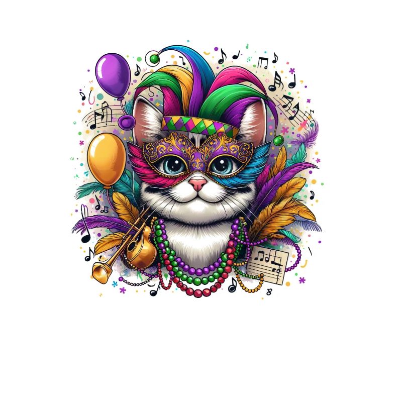 Chat mignon Mardi Gras multicolore ballons masque Grunge