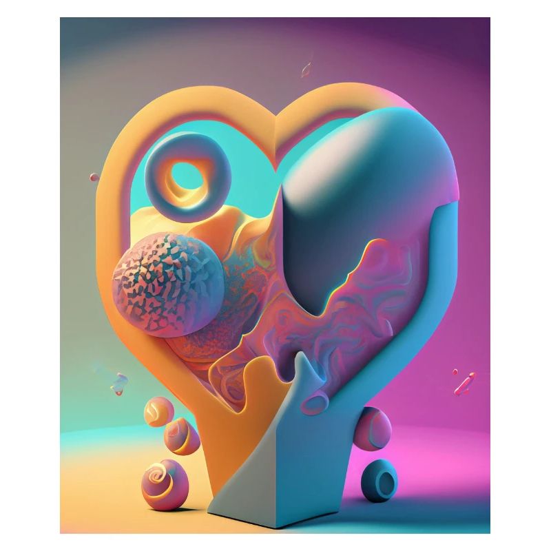 Coeur sculpté dans la pierre : explosion abstraite de couleurs
