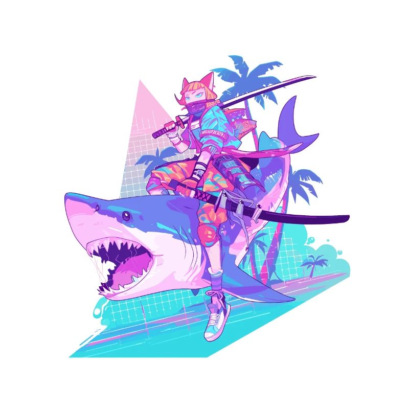 Samurai Katze auf einem Haifisch 80s