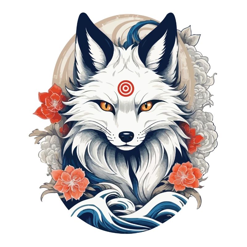 White Kitsune Fox Japanese Cherry Blossoms
