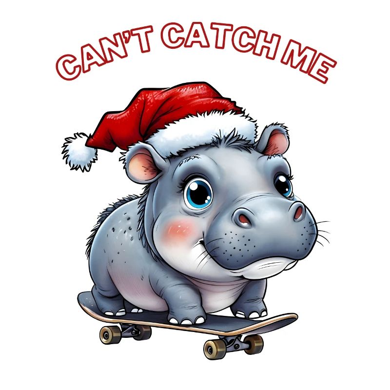 Moo Deng with Santa hat and skateboard