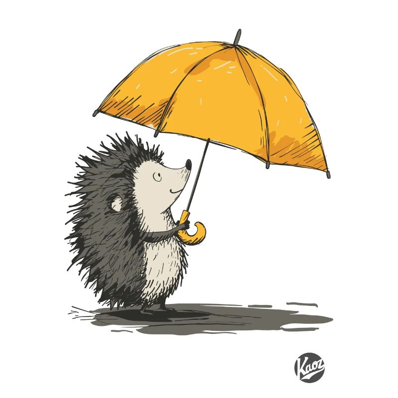 Igel mit Regenschirm im Regen