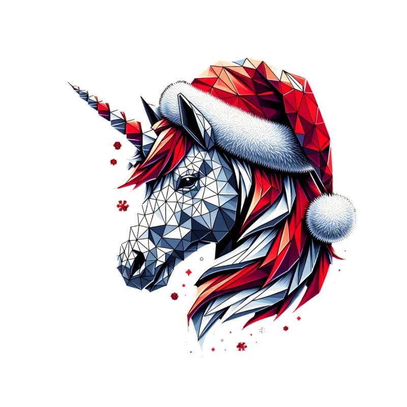 Polygon Kunst - Einhorn mit Weihnachtsmütze