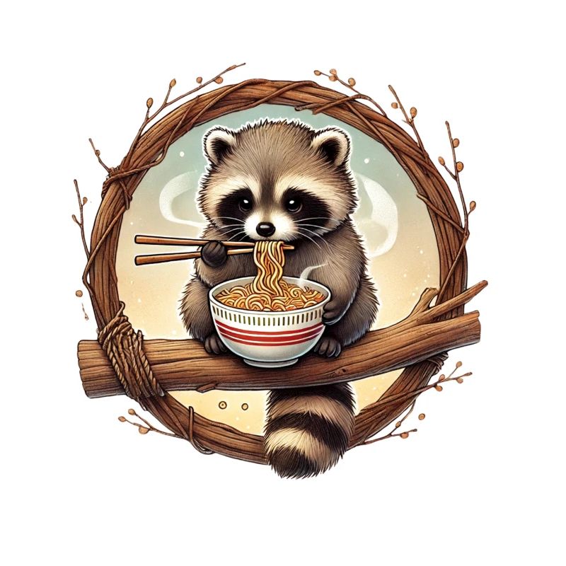 raton laveur mignon mangeant des nouilles ramen art