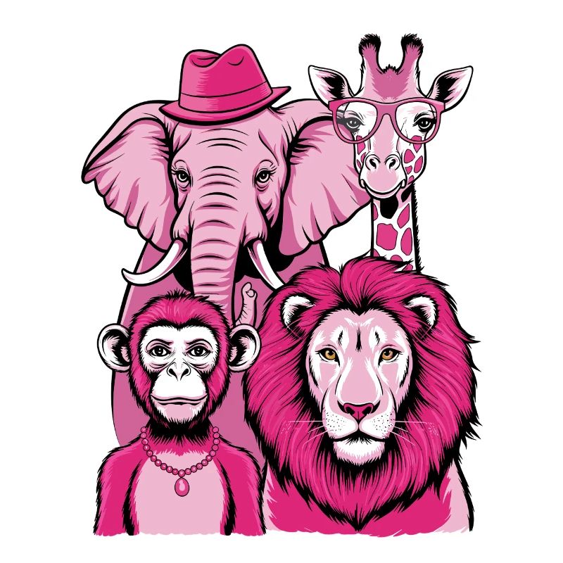 Elephant Monkey Lion Giraffe in Pink Look with Style