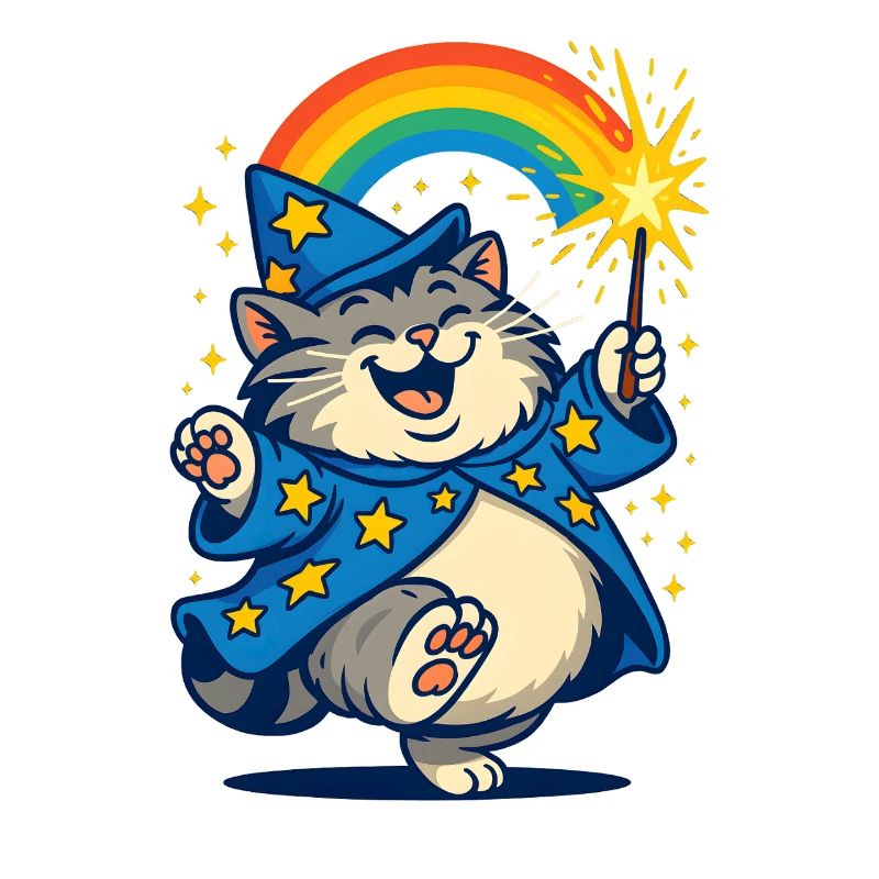 Zaubererkatze mit Regenbogen und Glitzer, Katzen