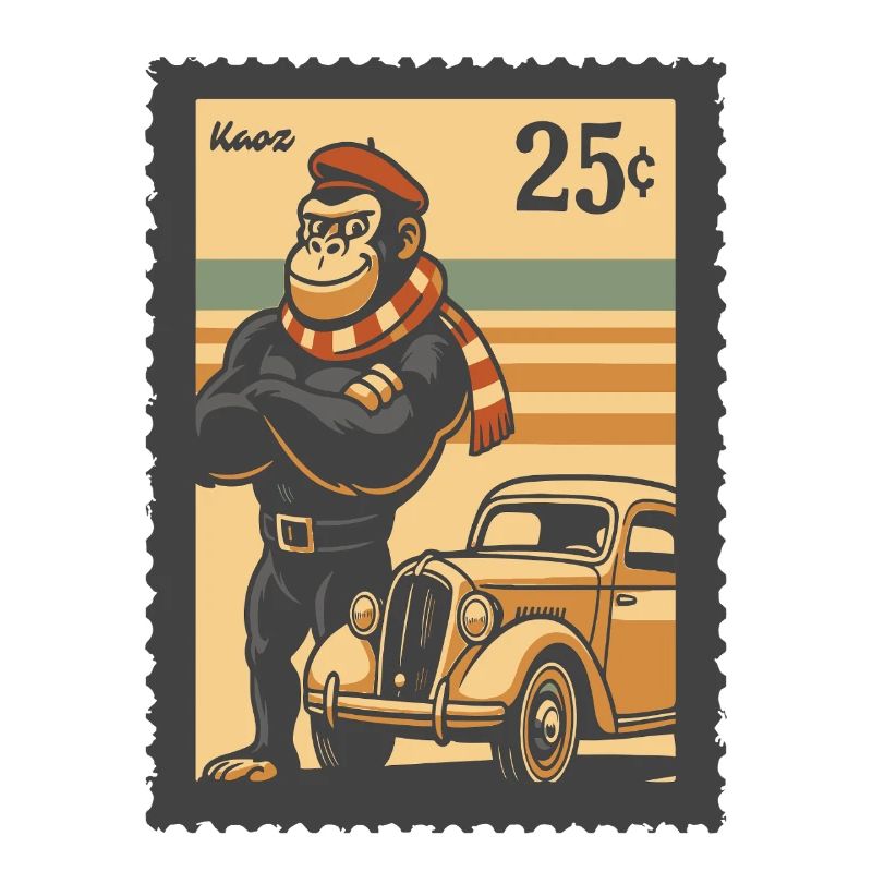 Vintage Monkey Car Postage Illustration