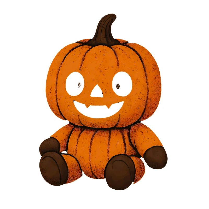 Cuddly pumpkin plush with a laughing face