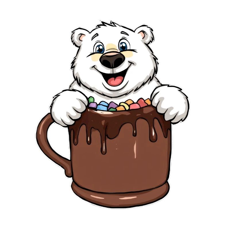 Playful polar bear with chocolate cup