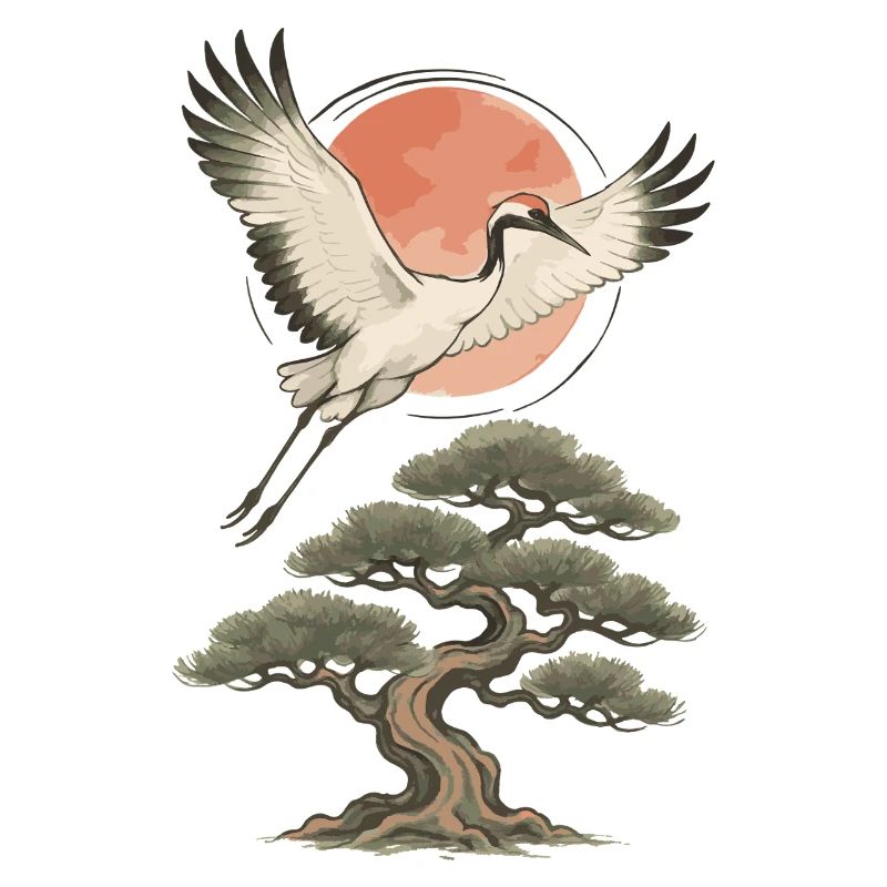 Flying Crane Over Pine Tree