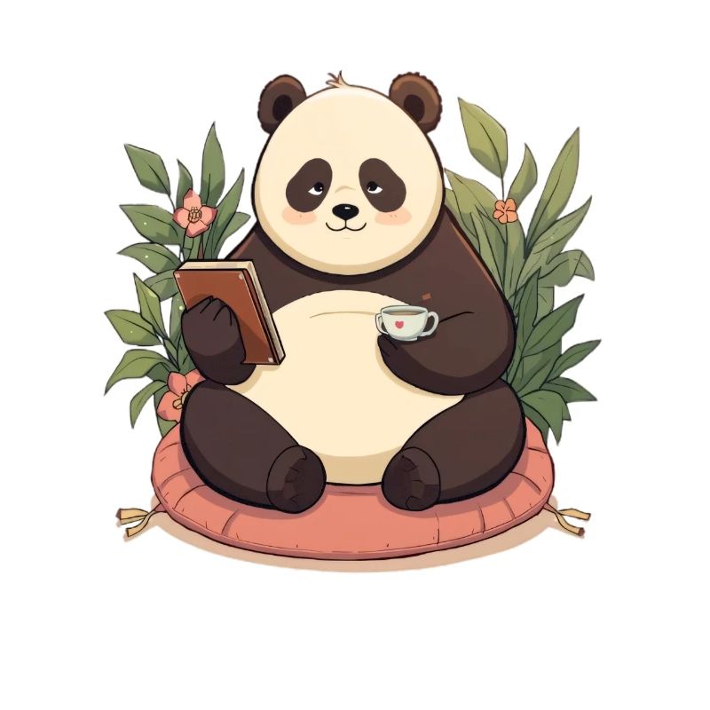 Panda reading with tea