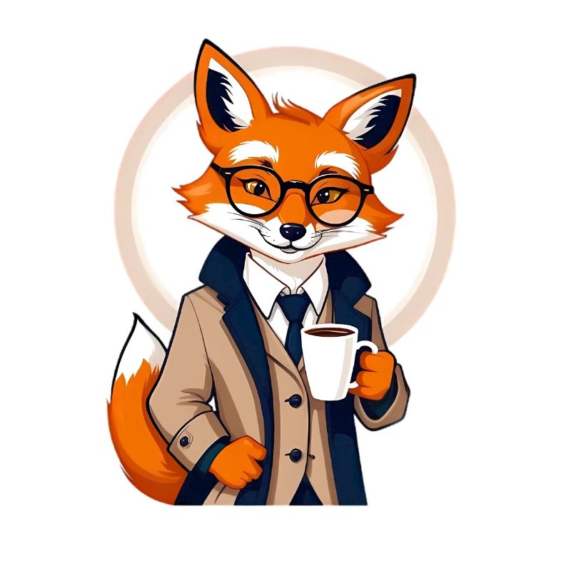 Fuchs im Anzug mit Kaffee