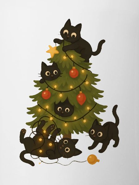 Funny Cats Playing Around Christmas Tree