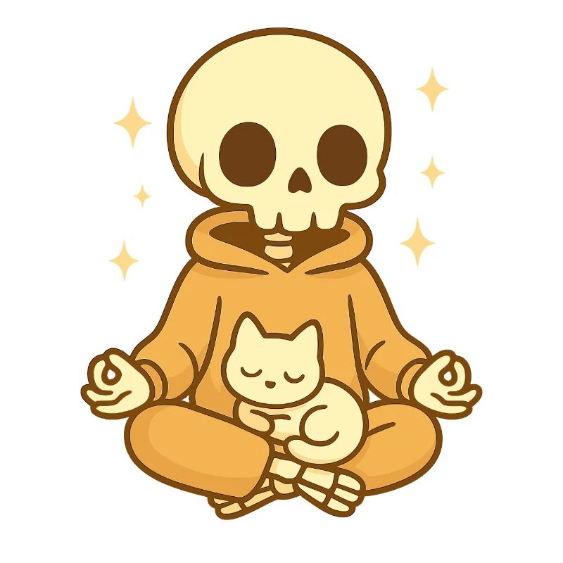 Squelette de méditation avec chat – Douillet et mignon