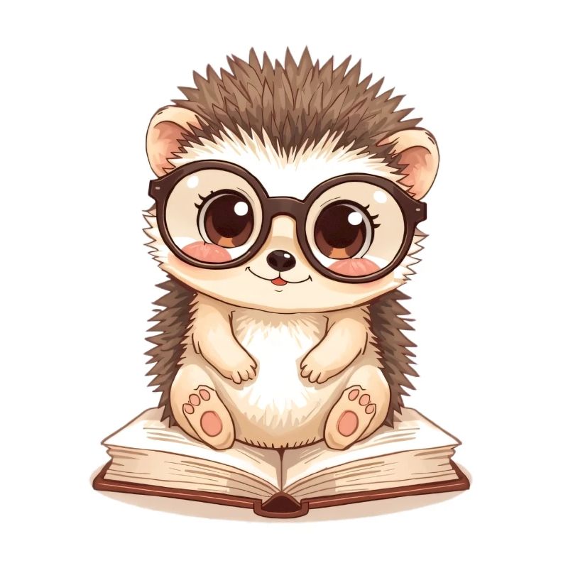 Cute hedgehog with glasses on a book