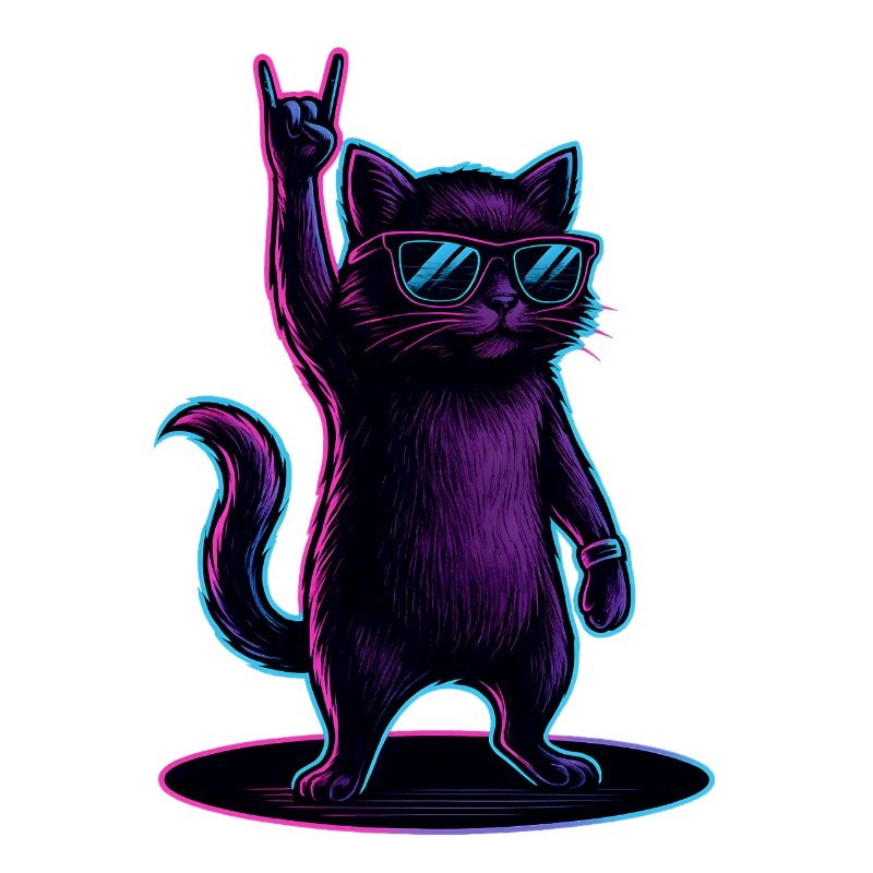 Synthwave Cat Cat with Rockhand Pose