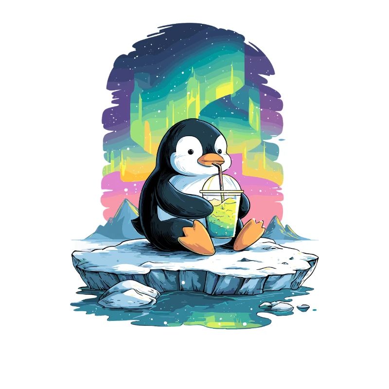 Pinguin am Eis mit Neon-Aurora