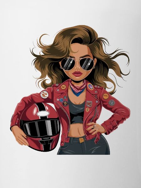  Coole Bikerin mit roter Lederjacke Sonnenbrille
