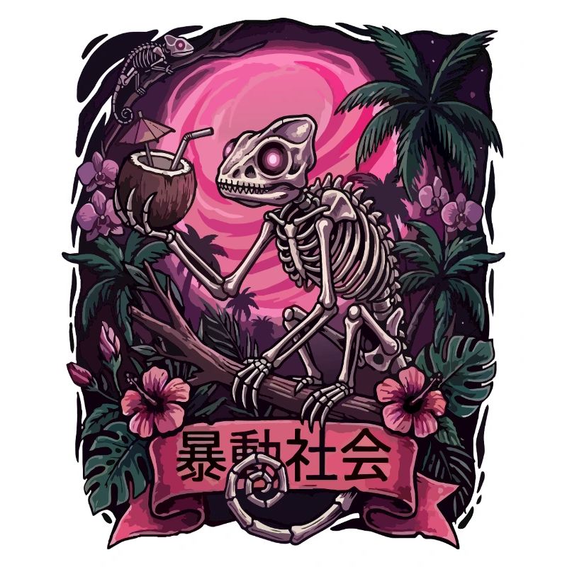 Skeleton in Neon Jungle With Chameleon