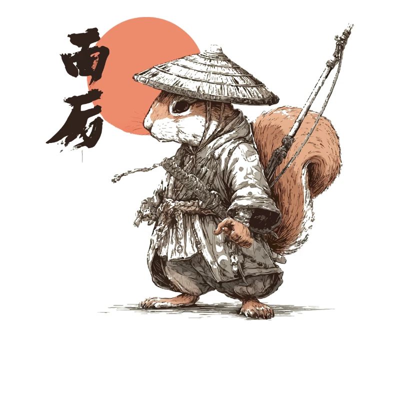 Samurai-Eichhörnchen unter roter Sonne