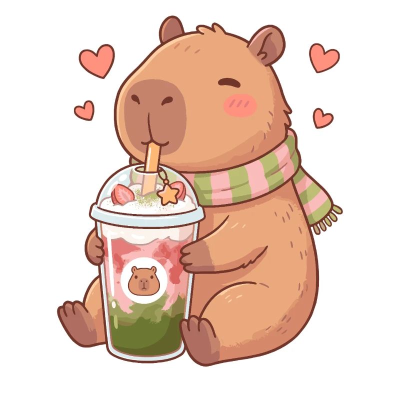 Cute Kawaii Capybara Drinking Strawberry Matcha