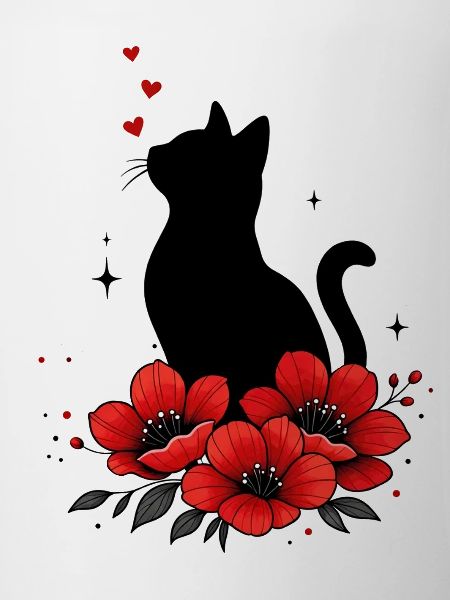 Schwarze Katze & Rote Mohnblume