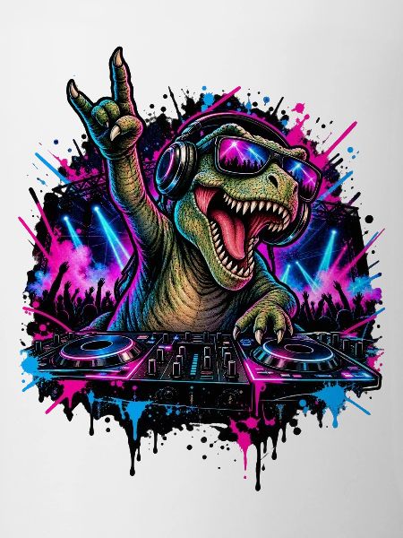Techno Dinosaurier DJ mit Kopfhörern