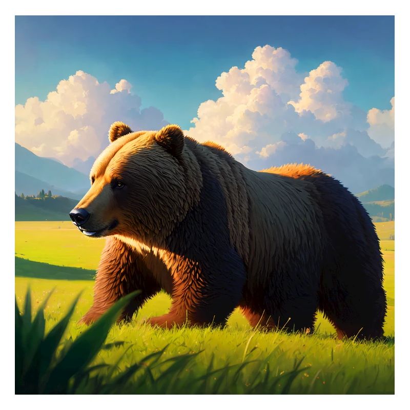 Cute Brown Bear Artwork with Straw Hat Meadow Art