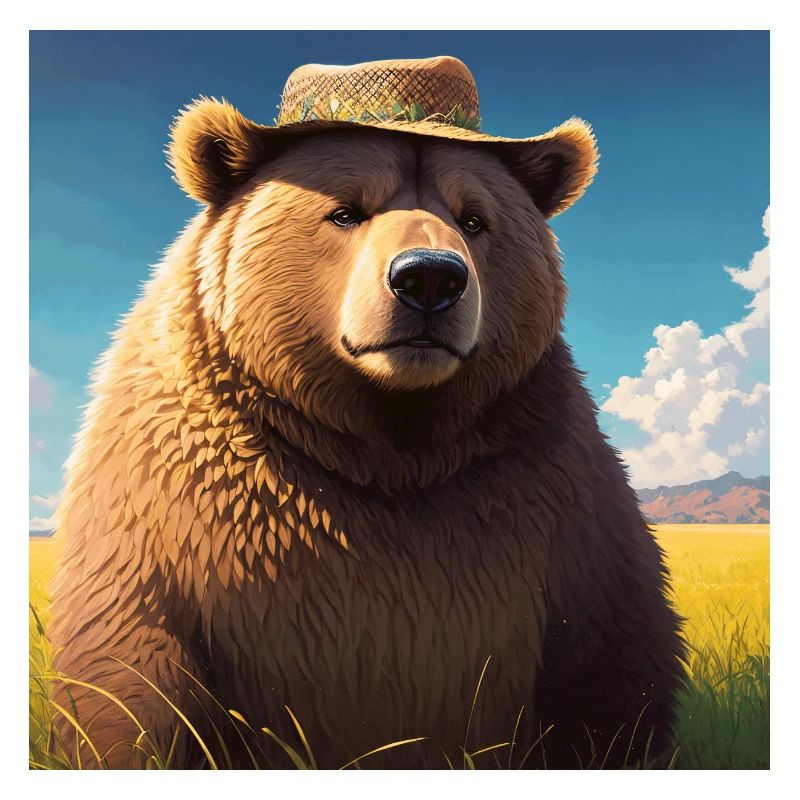 Cute Brown Bear Artwork with Straw Hat Meadow Art