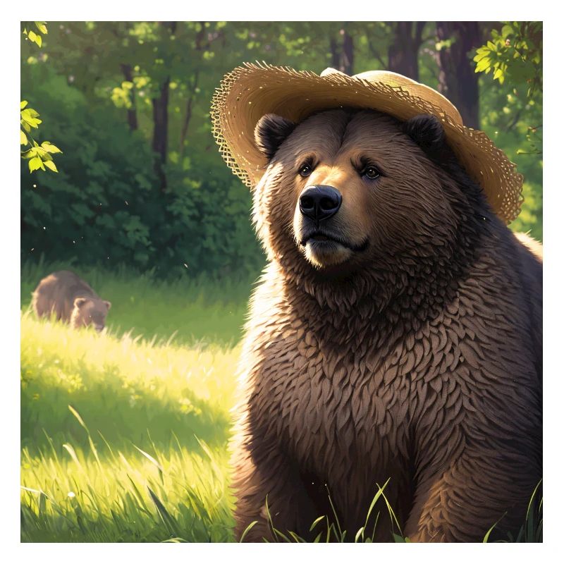 Cute Brown Bear Artwork with Straw Hat Meadow Art