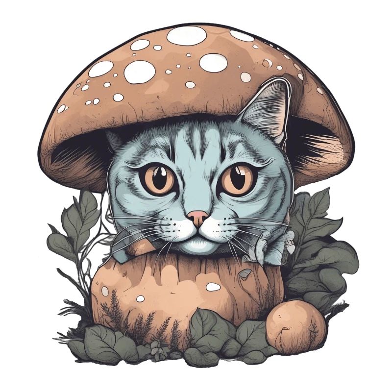 Cat Basking in Sunlight Under a Mushroom