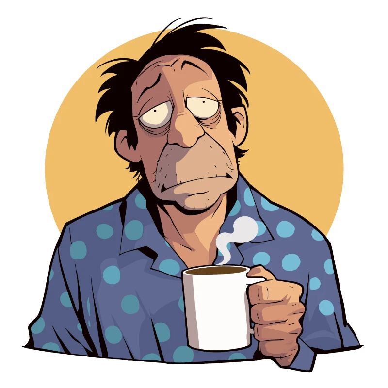 Man overslept, coffee in hand