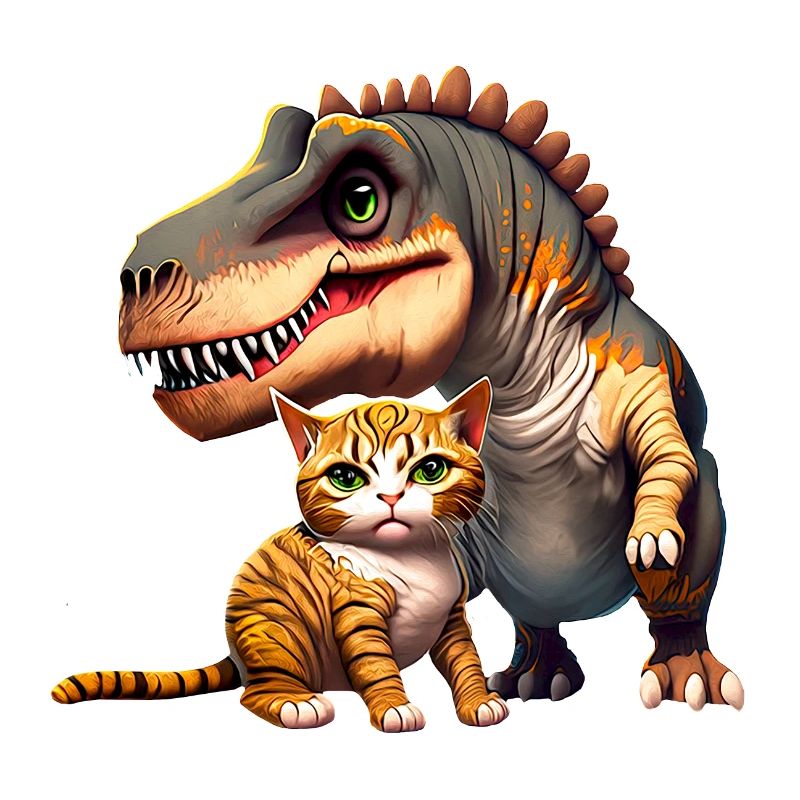 Katze schmust mit T-Rex