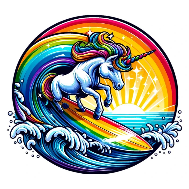 Surfendes Einhorn auf Regenbogenwelle