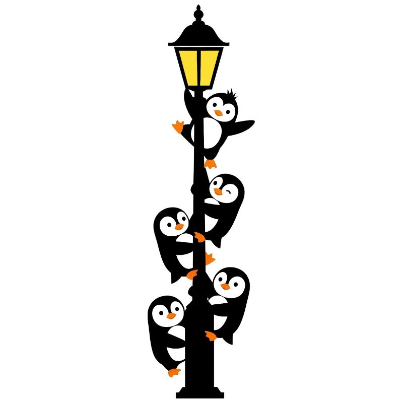Penguins around a lamppost