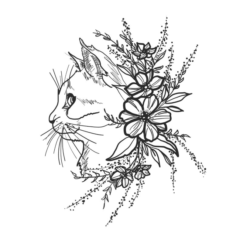 Chat avec fleurs Tattoo art Art Cat Flowers Art