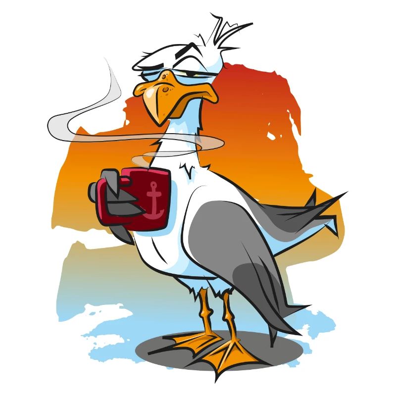 Drôle de mouette avec tasse de café, moewe