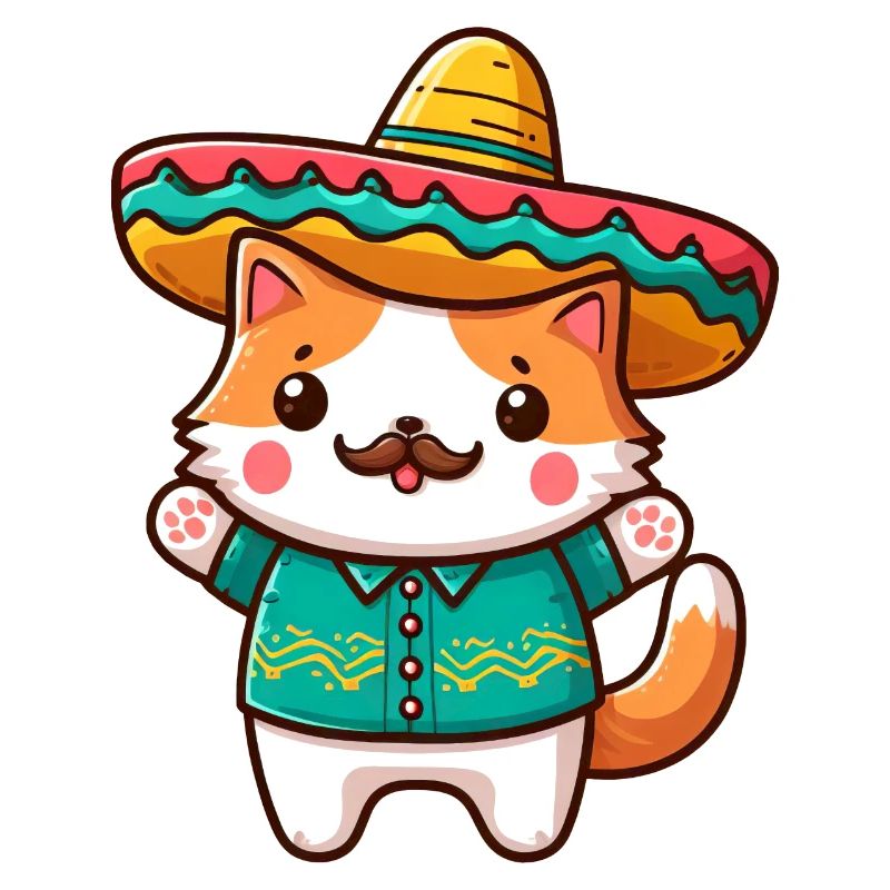 Cute mexican cat with mustache and mexika