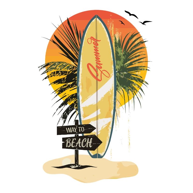 Planche de surf coucher de soleil – palmiers, été et plage