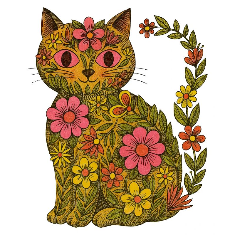Retro 70er Jahre Blumen Kätzchen Katze Garten Boho Kunst