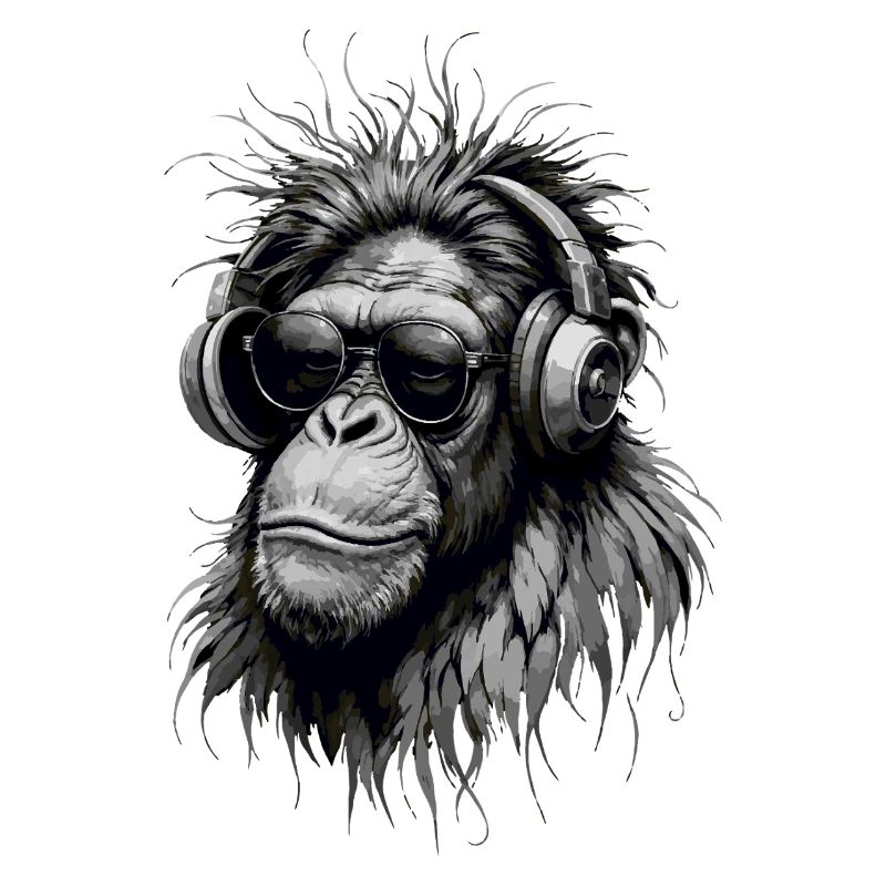 Cool Music Monkey avec casque - Niveaux de gris