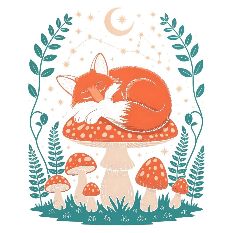 Sleeping Fox on Mushroom Under Starry Sky