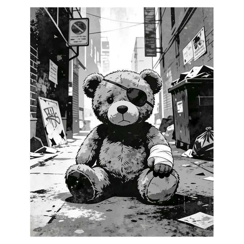 Teddy bear with eye patch near road
