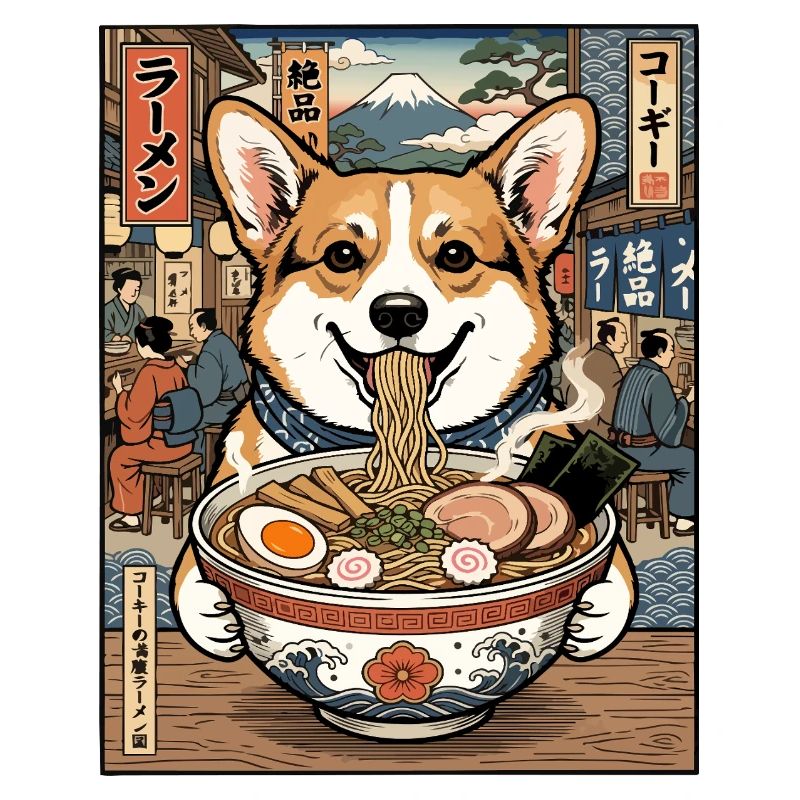 Ramen Corgi in Ukiyo-e Alley